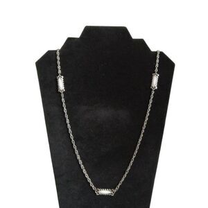 Solid White & Silver Toned Metal Rectangle Accents Long Length Layering Necklace